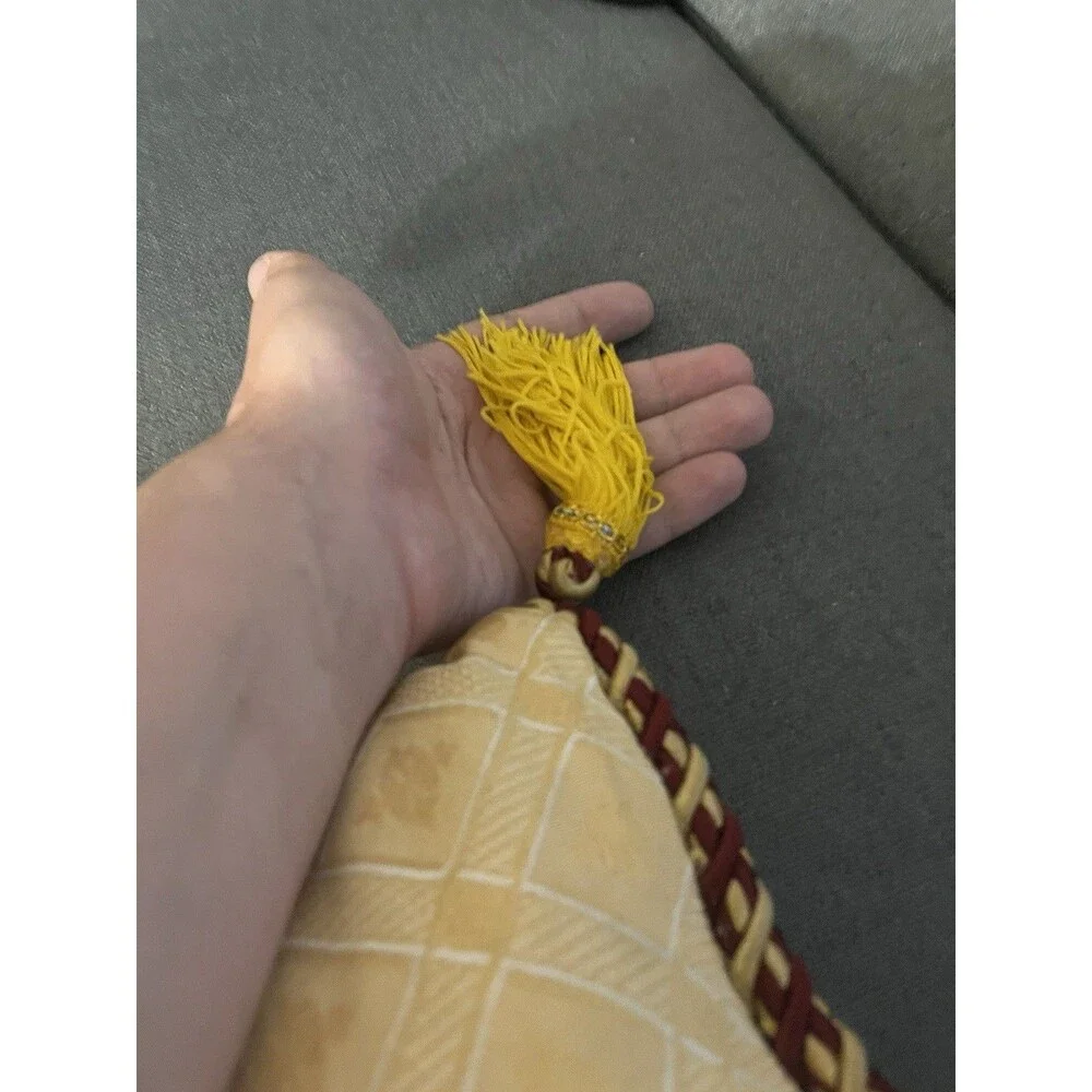 Yellow Decorative Pillow with Diamond Pattern, Tassels and Rope Trim